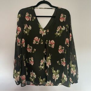 Daniel Rainn Floral Long Sleeve Blouse size S Black & Pink V-Neck Open Back